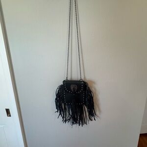 Womens Fringe Grunge Crossbody Leather Purse Black Boho